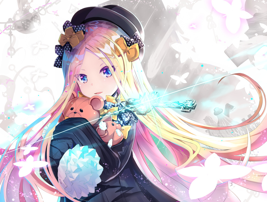 abigail_williams_(fate/grand_order) bangs black_bow black_dress black_hat blonde_hair blue_eyes bow bug butterfly commentary_request cross dress eyebrows_visible_through_hair fate/grand_order fate_(series) forehead glint hair_bow hat head_tilt highres horn insect key lavinia_whateley_(fate/grand_order) long_hair long_sleeves looking_at_viewer multiple_girls object_hug orange_bow parted_bangs parted_lips print_bow sho_(runatic_moon) sleeves_past_wrists smile solo_focus star star_print stuffed_animal stuffed_toy teddy_bear very_long_hair