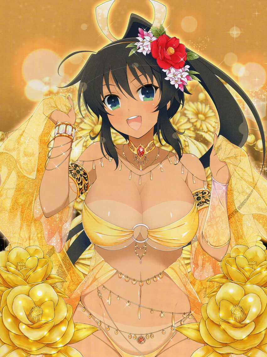 10s 1girl black_hair breasts dark_skin female happy homura_(senran_kagura) large_breasts long_hair looking_at_viewer open_mouth ponytail scan senran_kagura shiny shiny_skin solo tan tanline thong