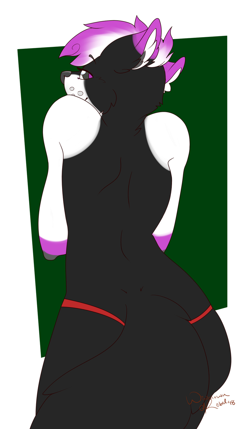 anthro black_fur butt canine clothed clothing flat_colors fur looking_at_viewer looking_back male mammal mavrik rear_view simple_background solo thong topless underwear windblownrebel wolf