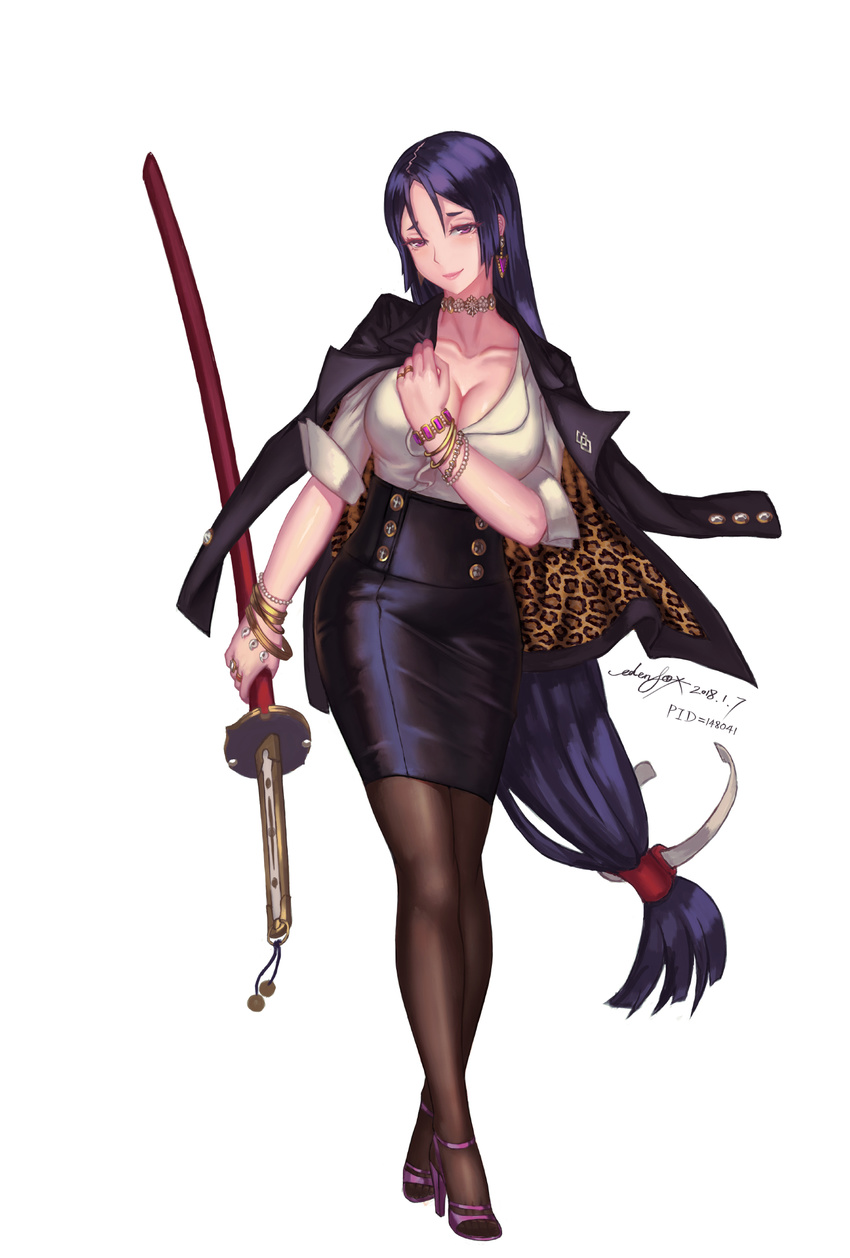 black_hair bracelet breasts choker earrings edenfox fate/grand_order fate_(series) full_body highres holding holding_sword holding_weapon jewelry katana large_breasts long_hair looking_at_viewer low-tied_long_hair minamoto_no_raikou_(fate/grand_order) pantyhose purple_eyes simple_background solo standing sword weapon