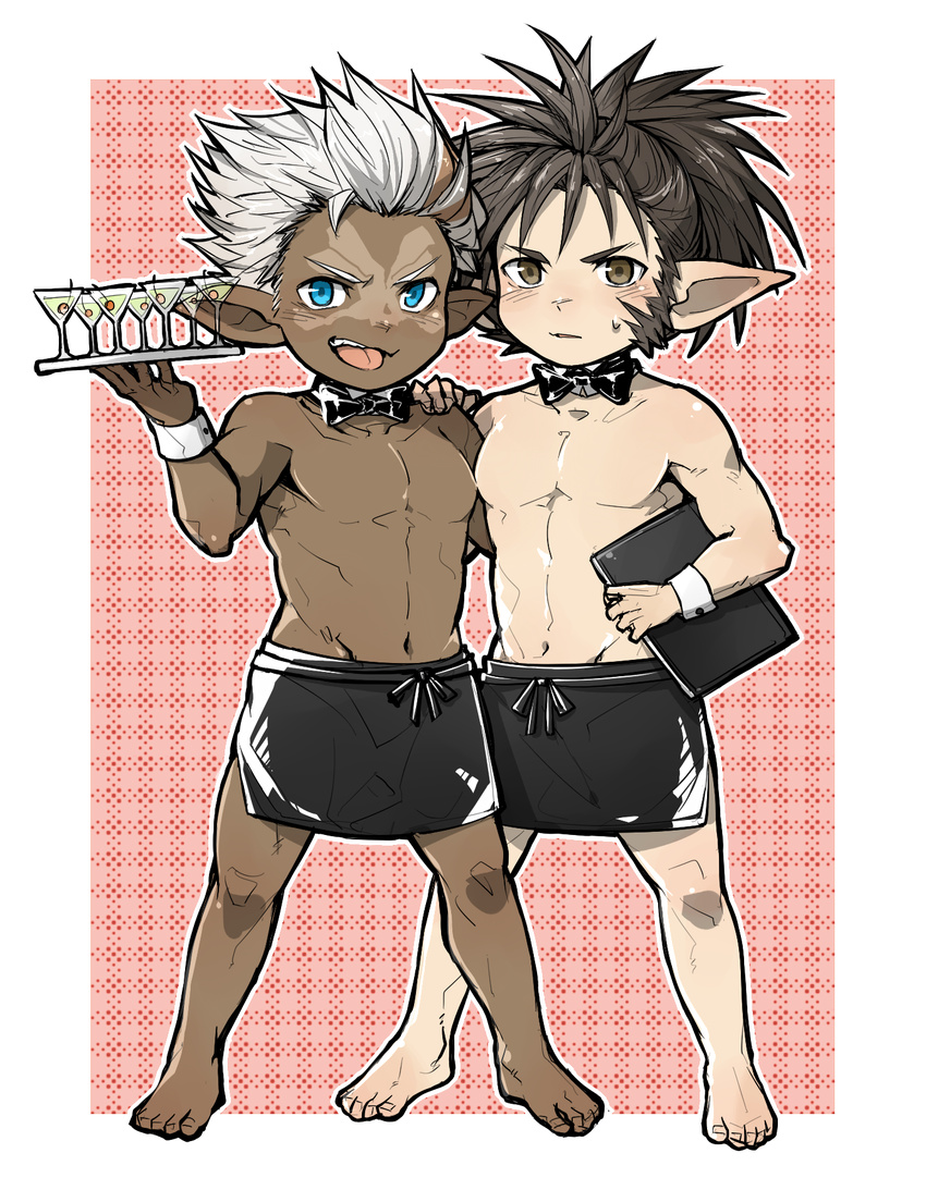 abs barefoot blue_eyes blush bow bowtie brown_hair dark_skin dark_skinned_male drink facial_tattoo granblue_fantasy harvin highres iha_tobu long_hair male_focus multiple_boys navel open_mouth ponytail sevilbarra shirtless skull_(granblue_fantasy) tattoo teeth tongue tongue_out waiter white_hair