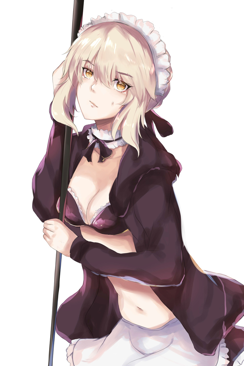 absurdres apron artoria_pendragon_(all) artoria_pendragon_(swimsuit_rider_alter) bad_id bad_pixiv_id bikini blonde_hair breasts cleavage eyebrows_visible_through_hair fate/grand_order fate_(series) highres jacket jacket_over_swimsuit maid maid_bikini maid_headdress medium_breasts navel rekung solo sweatdrop swimsuit upper_body white_background yellow_eyes