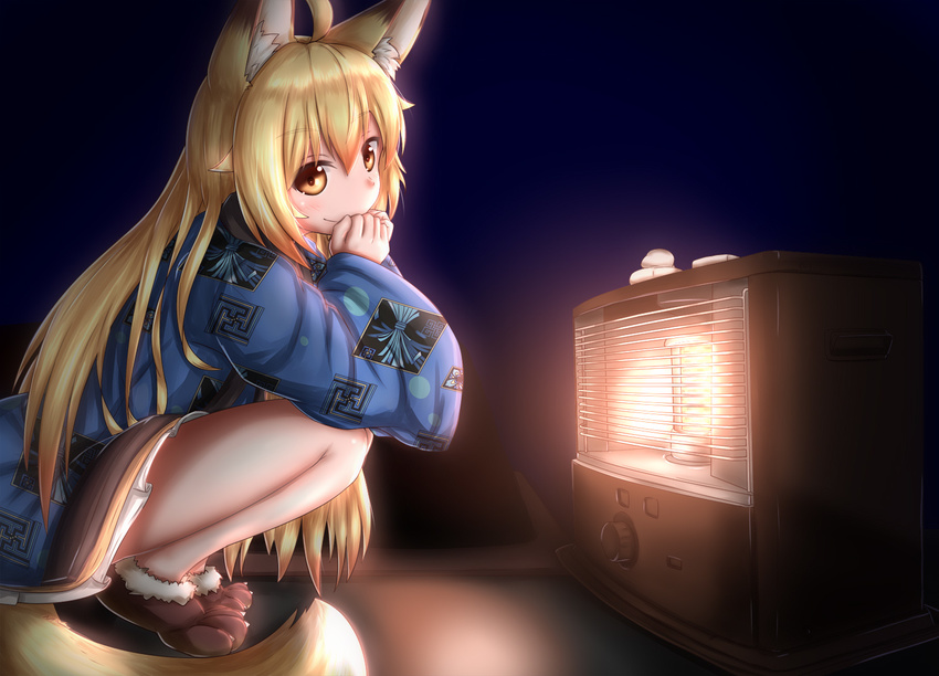 ahoge animal_ears bangs blonde_hair brown_eyes clenched_hands commentary_request covering_mouth eyebrows_visible_through_hair food fox_ears fox_girl fox_tail from_side hanten_(clothes) heater horokusa_(korai) indoors japanese_clothes korai_(horokusa) long_hair long_sleeves looking_at_viewer mochi original paw_shoes shoes smile solo squatting tail wagashi wide_sleeves