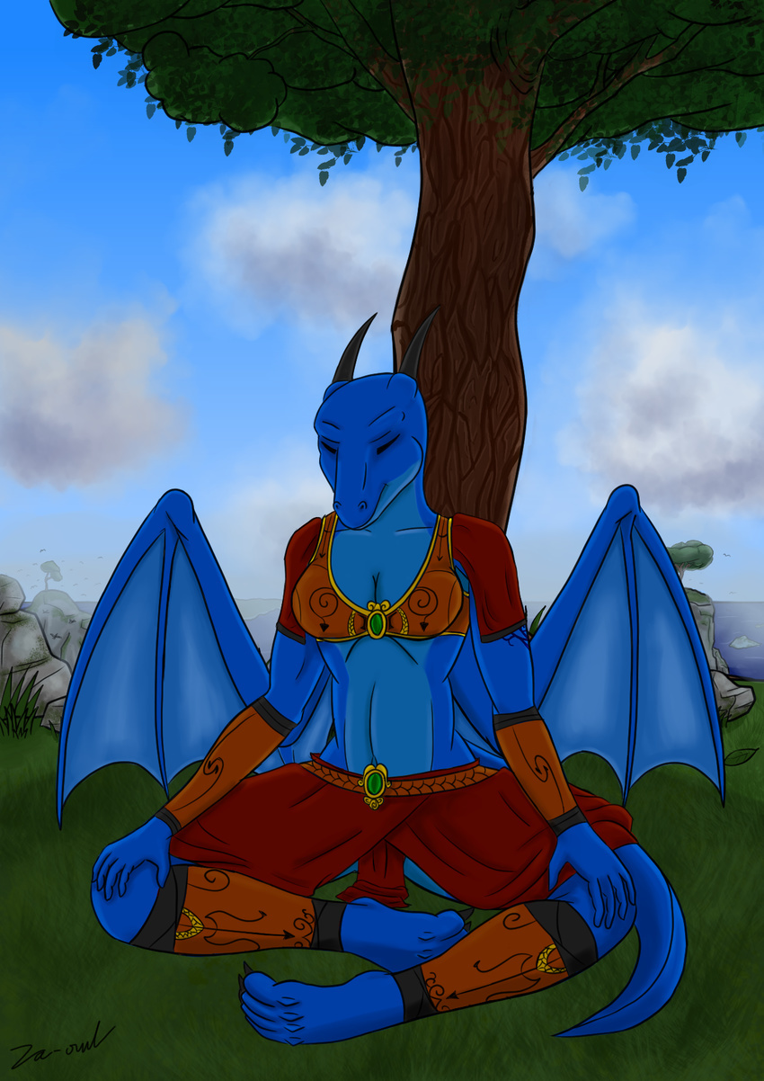 absurd_res anthro backlighting breasts cleavage clothed clothing detailed_background digital_media_(artwork) dragon eyes_closed female hi_res meditation navel relaxing scalie sitting solo tattoo tree wings za-owl