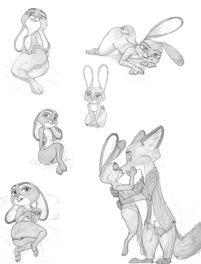 absurd_eyes anthro canine clothed clothing couple_(disambiguation) disney female fox i_ship_it_real_hard judy_hopps lagomorph looking_at_viewer male mammal monochrome nick_wilde nude pencil_(disambiguation) rabbit simple_background smile standing underwear undressing zootopia