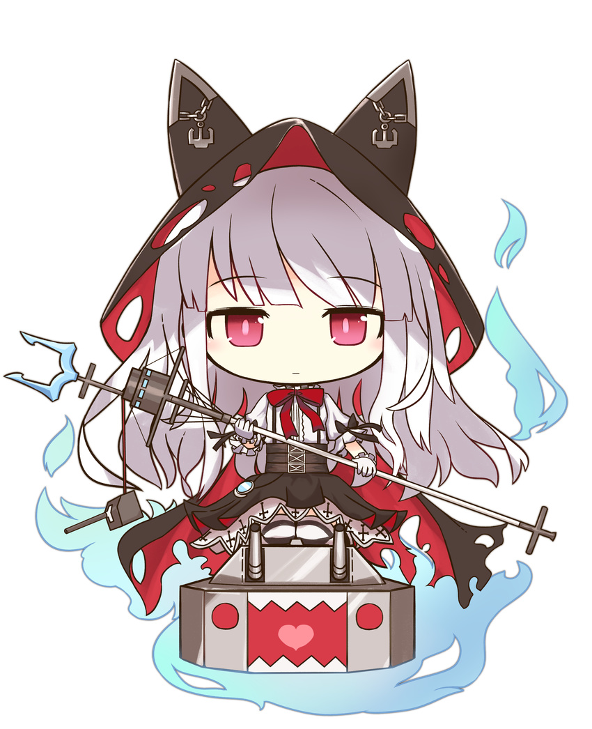 absurdres akihiyo anchor animal_hood azur_lane bangs black_cape black_skirt blue_fire bow bowtie cannon cape cat_hood chain closed_mouth commentary_request erebus_(azur_lane) eyebrows_visible_through_hair fire gloves heart heart_in_mouth high-waist_skirt highres holding hood hooded_cape puffy_short_sleeves puffy_sleeves purple_eyes red_neckwear sharp_teeth shirt short_sleeves silver_hair skirt solo striped striped_legwear suspender_skirt suspenders teeth thighhighs torn_clothes transparent_background turret white_gloves white_shirt