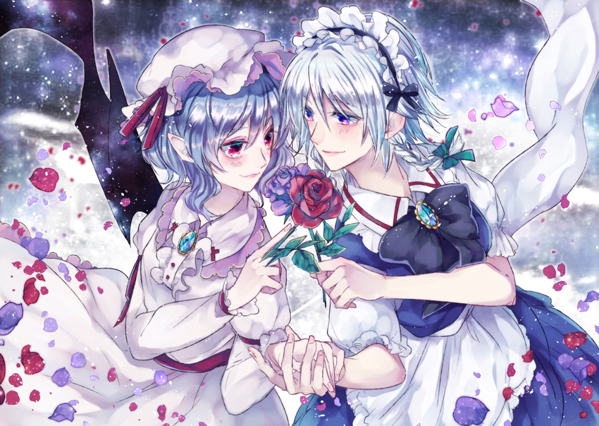 apron black_bow black_neckwear blue_dress blue_eyes blue_hair bow bowtie braid brooch commentary_request dress flower frilled_apron frills ginzuki_ringo green_bow hair_bow hat hat_ribbon highres holding_hands index_finger_raised izayoi_sakuya jewelry juliet_sleeves long_sleeves looking_at_another maid_apron maid_headdress mob_cap multiple_girls no_wings petals pointy_ears puffy_short_sleeves puffy_sleeves purple_flower purple_rose red_eyes red_flower red_ribbon red_rose red_sash remilia_scarlet ribbon rose short_hair short_sleeves silver_hair touhou twin_braids white_dress