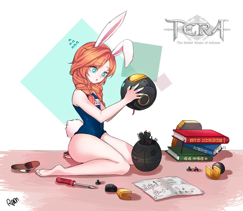 animal_ears artist_request barefoot blue_eyes book braid brown_hair bunny_ears bunny_tail elin_(tera) flying_sweatdrops highres legs long_hair one-piece_swimsuit open_mouth robot sandals sandals_removed school_swimsuit screwdriver sitting solo swimsuit tail tera_online twin_braids twintails