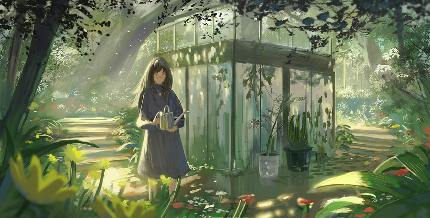 bad_id bad_pixiv_id blue_dress blurry blurry_foreground blush brown_eyes brown_hair closed_mouth dappled_sunlight depth_of_field dress flower grass holding light_particles long_sleeves looking_at_viewer nature original outdoors plant potted_plant red_flower reido_(reido_c) solo stairs standing sunlight watering_can yellow_flower