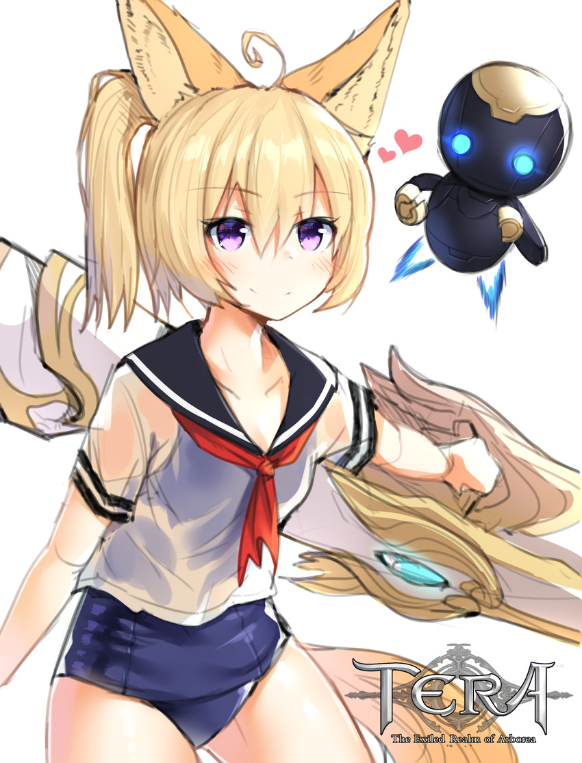 absurdres animal_ears artist_request blonde_hair copyright_name dog_ears dog_tail elin_(tera) gun highres holding huge_weapon long_hair one-piece_swimsuit outstretched_arm ponytail purple_eyes robot school_swimsuit school_uniform see-through serafuku shirt smile solo swimsuit swimsuit_under_clothes tail tera_online weapon wet wet_clothes wet_shirt white_shirt