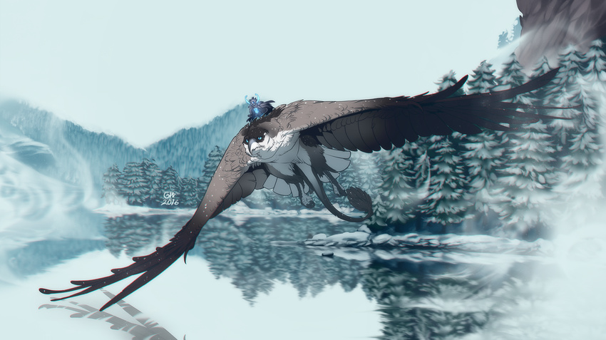 2016 avian bird day detailed_background digital_drawing_(artwork) digital_media_(artwork) duo feathered_wings feathers feral grypwolf human mammal outside riding sky water wings