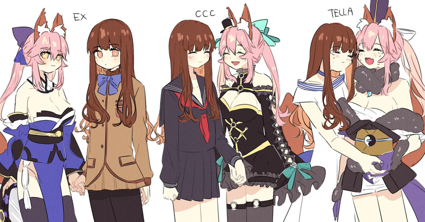 animal_ears bad_id bad_twitter_id bare_shoulders black_legwear black_sailor_collar black_serafuku black_shirt black_shorts black_skirt blue_neckwear blush bow bowtie breasts brown_eyes brown_hair brown_jacket brown_skirt cleavage closed_eyes copyright_name crying detached_sleeves dress fate/extella fate/extra fate/extra_ccc fate_(series) fox_ears highres holding_hands hug interlocked_fingers jacket kishinami_hakuno_(female) large_breasts long_sleeves looking_at_viewer multiple_girls multiple_views neckerchief open_mouth pantyhose pink_hair pleated_skirt puffy_shorts red_neckwear sailor_collar school_uniform serafuku shirt short_sleeves shorts skirt skirt_set tamamo_(fate)_(all) tamamo_no_mae_(fate) tears thighhighs tsukumihara_academy_uniform_(fate/extra) tsukumihara_academy_uniform_(fate/extra_ccc) uncle129 white_dress yellow_eyes yuri