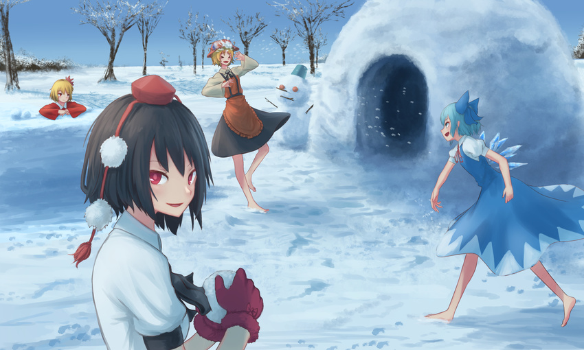 &gt;_&lt; aki_minoriko aki_shizuha barefoot black_hair blonde_hair blue_bow blue_dress blue_hair bow cirno commentary_request day dress gloves hair_bow hair_ornament hat ice ice_wings leaf_hair_ornament long_sleeves looking_at_viewer mob_cap multiple_girls open_mouth parted_lips pom_pom_(clothes) puffy_short_sleeves puffy_sleeves quinzhee red_gloves roke_(taikodon) shameimaru_aya shirt short_hair short_sleeves sky smile snow snow_shelter snowball snowman tassel tokin_hat touhou tree white_shirt wide_sleeves wings