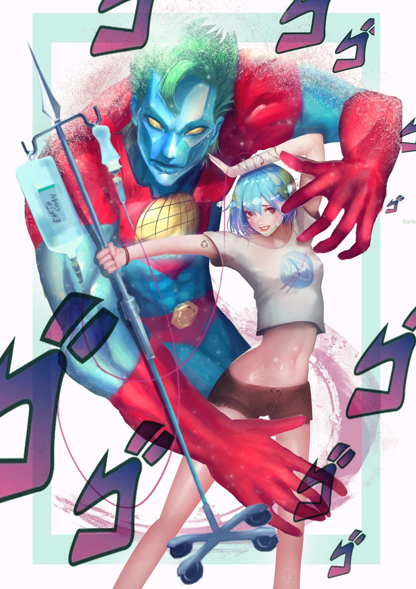 1girl arm_up bandaged_arm bandages bandaid bandaid_on_stomach blue_hair blue_skin brown_shorts captain_planet captain_planet_(character) character_name commentary crossover earth-chan green_hair highres intravenous_drip iv_stand jojo_no_kimyou_na_bouken lips looking_at_viewer midriff multicolored_hair name_tag nasa_logo navel omegarer original outstretched_arm parted_lips red_eyes shirt short_hair short_shorts shorts smile stand_(jojo) t-shirt white_shirt wristband