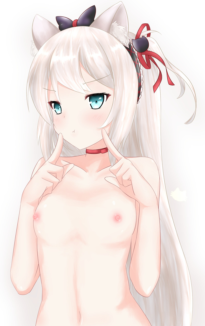 :t absurdres animal_ears azur_lane bad_id bad_pixiv_id bangs black_bow blue_eyes blush bow breasts cat_ears cat_hair_ornament choker closed_mouth collarbone commentary eyebrows_visible_through_hair grey_background hair_bow hair_ornament hair_ribbon hammann_(azur_lane) hands_up highres index_finger_raised long_hair looking_away looking_to_the_side navel nipples nude one_side_up pout red_choker red_ribbon ribbon silver_hair simple_background small_breasts solo upper_body very_long_hair yuujoduelist