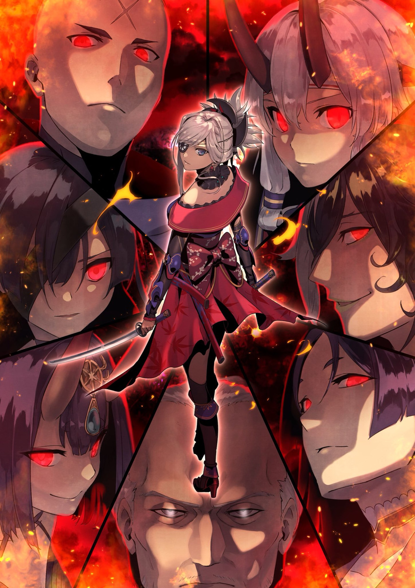 5boys akamiso_(k074510) ashiya_douman_(fate/grand_order) bald black_footwear black_hair black_legwear choker dress dual_wielding eyepatch fate/grand_order fate_(series) hair_between_eyes highres holding holding_sword holding_weapon horns houzouin_inshun_(fate/grand_order) long_hair looking_at_viewer looking_back minamoto_no_raikou_(fate/grand_order) miyamoto_musashi_(fate/grand_order) mochizuki_chiyome_(fate/grand_order) multiple_boys multiple_girls pantyhose parted_lips purple_hair red_dress red_eyes scar shuten_douji_(fate/grand_order) side_ponytail silver_eyes silver_hair spoilers sword tomoe_gozen_(fate/grand_order) weapon yagyuu_munenori_(fate/grand_order)