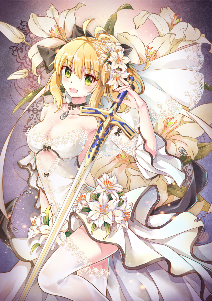 :d ahoge artoria_pendragon_(all) blonde_hair breasts caliburn death-the-cat dress excalibur eyebrows_visible_through_hair fate/unlimited_codes fate_(series) flower green_eyes hair_flower hair_ornament highres holding holding_sword holding_weapon lily_(flower) looking_at_viewer medium_breasts open_mouth petals ponytail rose saber_lily smile solo sword thighhighs weapon white_dress white_flower white_legwear