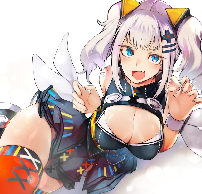 bangs blue_eyes breasts claw_pose cleavage cleavage_cutout commentary_request dress fang hair_ornament highres kaguya_luna kaguya_luna_(character) large_breasts lying nishiide_kengorou on_side open_mouth silver_hair sleeveless solo thighhighs twintails virtual_youtuber