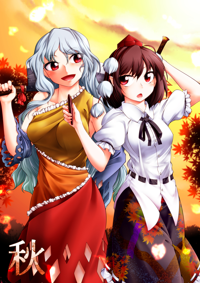 2girls absurdres autumn_leaves bare_shoulders black_hair black_skirt blush bow cloud detached_sleeves dress frilled_skirt frills hat hatchet highres holding holding_pen leaf_print long_hair looking_at_another maple_leaf_print multicolored multicolored_clothes multicolored_dress multiple_girls open_mouth oriental_hatchet pen pointy_ears pom_pom_(clothes) puffy_short_sleeves puffy_sleeves red_bow red_eyes red_hat red_ribbon ribbon ribbon-trimmed_skirt ribbon_trim sakata_nemuno shameimaru_aya shirt short_hair short_sleeves silver_hair single_strap skirt tokin_hat touhou translated very_long_hair wavy_hair white_shirt