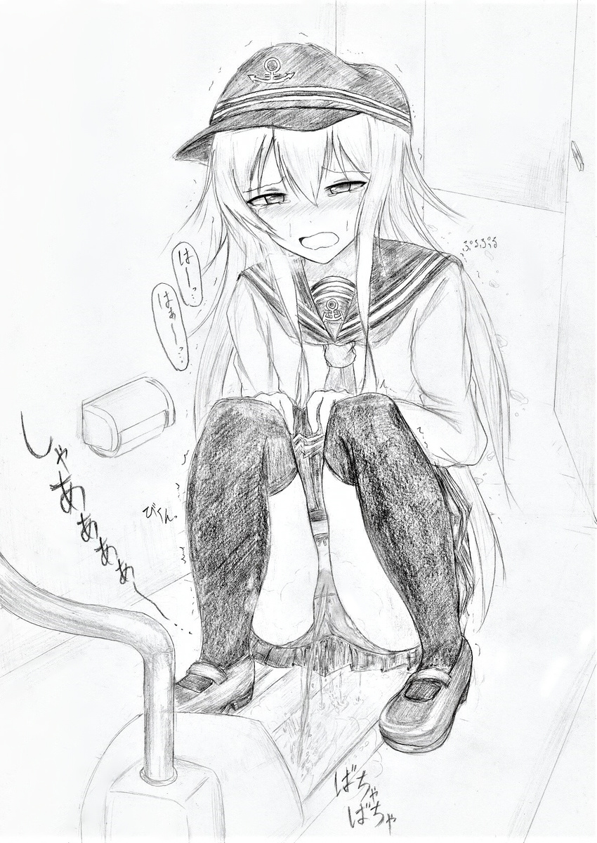 1girl blush bow_panties door eyebrows_visible_through_hair female full_body greyscale half-closed_eyes hands_together hands_up hat have_to_pee hibiki_(kantai_collection) highres indoors kantai_collection long_hair long_sleeves monochrome nabuki32 neckerchief open_mouth panties peeing peeing_self pleated_skirt sailor_collar school_uniform serafuku shirt shoes skirt solo squat_toilet squatting sweat text thighhighs toilet traditional_media translation_request trembling underwear uniform upskirt wet_clothes wet_panties white_background