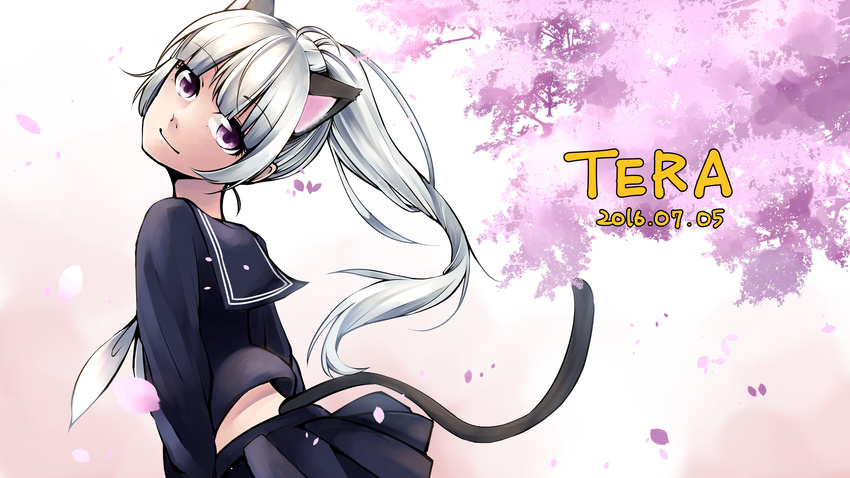 2016 absurdres animal_ears artist_request black_shirt black_skirt cat_ears cat_tail cherry_blossoms copyright_name dated elin_(tera) from_behind head_tilt highres long_hair looking_back petals ponytail purple_eyes school_uniform serafuku shirt silver_hair skirt smile solo tail tera_online tree upper_body wind wind_lift