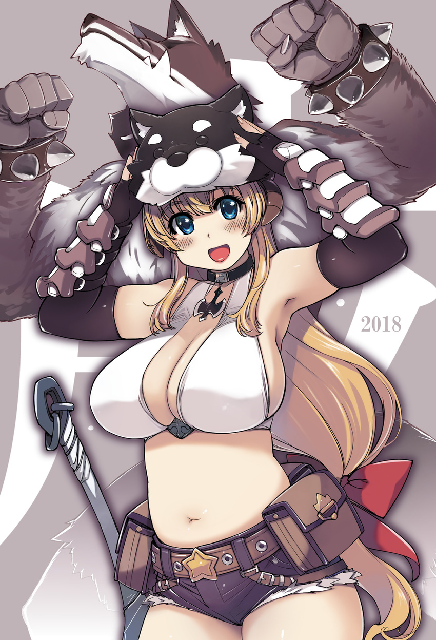 2018 :d axe bare_shoulders belt black_gloves blonde_hair blue_eyes blush bow breasts cleavage collar commentary_request denim denim_shorts elbow_gloves fingerless_gloves gloves hair_bow hat highres horns large_breasts long_hair looking_at_viewer low-tied_long_hair midriff navel open_mouth ragnarok_online shorts simple_background smile solo very_long_hair weapon whitesmith xration