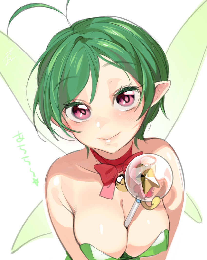 absurdres alala antenna_hair bare_shoulders between_breasts breasts colored_eyelashes eyebrows_visible_through_hair fairy_wings green_hair green_wings highres looking_at_viewer mermaid_melody_pichi_pichi_pitch neck_ribbon ohisashiburi pink_eyes pointy_ears red_ribbon ribbon short_hair simple_background smile solo star translated upper_body wand white_background wings