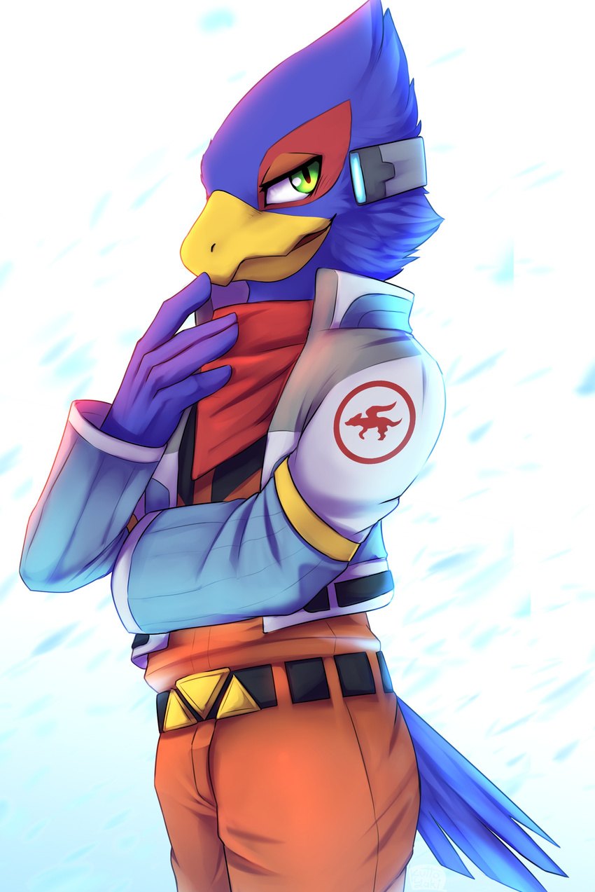 2017 anthro avian beak bird clothing digital_media_(artwork) falco_lombardi feathers green_eyes hi_res kuttoyaki male mammal nintendo simple_background solo star_fox video_games