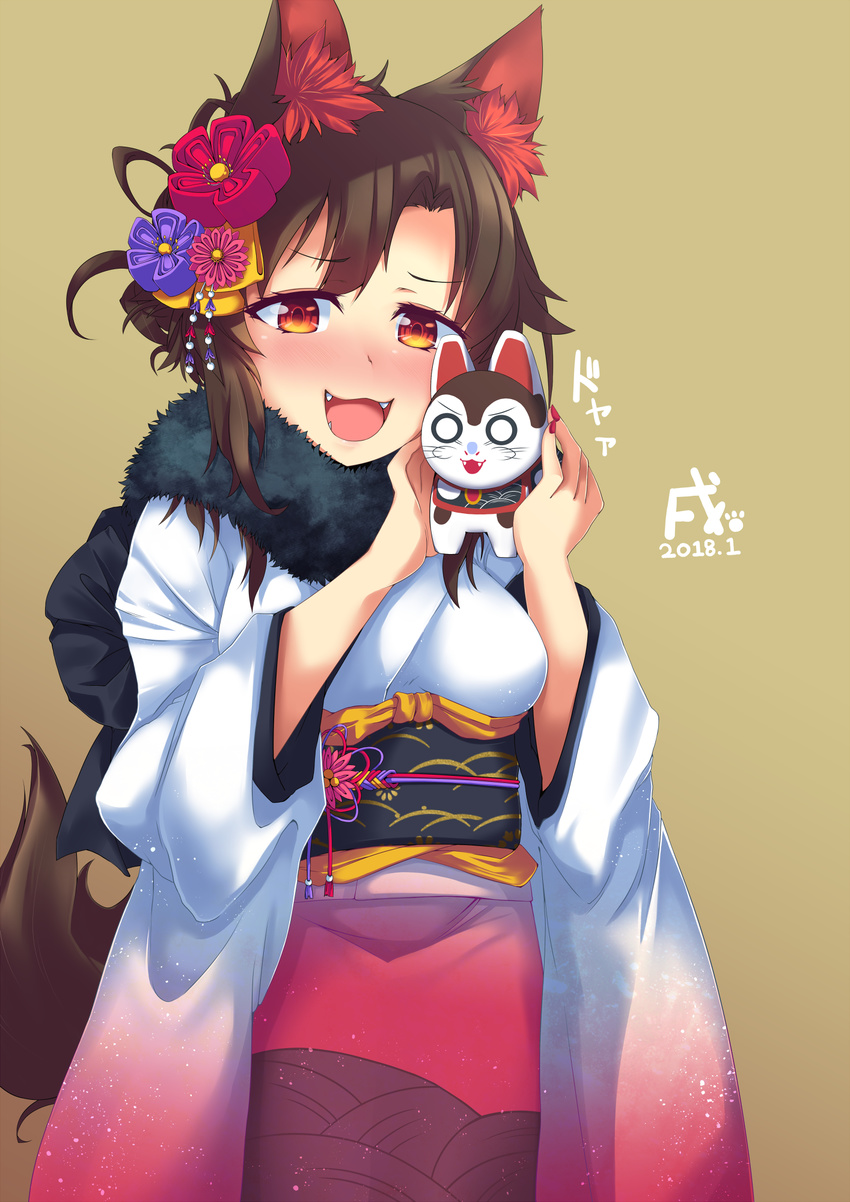 2018 alternate_costume animal_ears beige_background blush breasts brown_hair commentary_request dated fangs flower fur_collar hair_flower hair_ornament hands_up highres holding imaizumi_kagerou japanese_clothes kimono konata_gazel looking_at_viewer medium_breasts nail_polish nose_blush open_mouth red_eyes red_nails smile solo tail touhou wide_sleeves wolf_ears wolf_tail