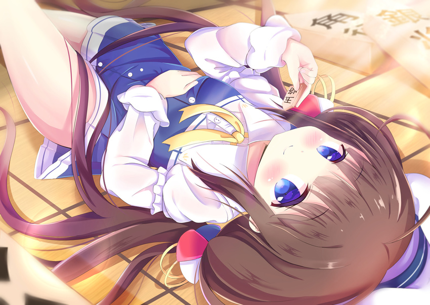 beret blue_eyes blue_skirt blush board_game brown_hair closed_mouth collared_shirt commentary_request hair_ornament hand_on_own_stomach hat high-waist_skirt hinatsuru_ai kittipat_jituatakul long_hair long_sleeves looking_at_viewer low_twintails lying on_back puffy_short_sleeves puffy_sleeves ryuuou_no_oshigoto! school_uniform shirt short_over_long_sleeves short_sleeves shougi sidelocks skirt smile solo twintails very_long_hair white_hat white_shirt