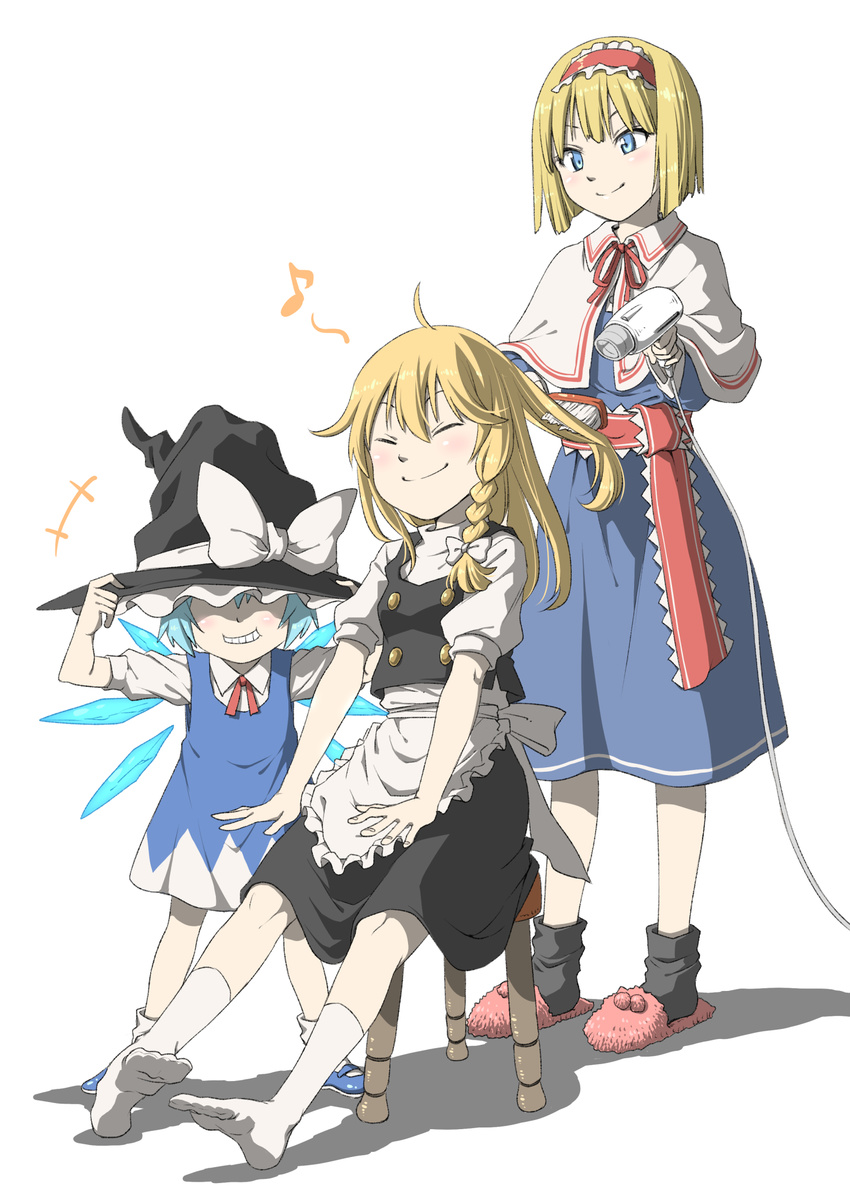 3girls alice_margatroid apron black_hat black_legwear black_skirt blonde_hair blue_dress blue_eyes blue_footwear blue_hair bob_cut bow braid buttons capelet cirno closed_eyes closed_mouth commentary_request dress drying drying_hair eighth_note hair_bow hair_brush hair_brushing hair_dryer hairband hat hat_bow hat_tug highres inuno_rakugaki kirisame_marisa mary_janes miniskirt multiple_girls musical_note no_shoes red_hairband shoes short_dress short_hair side_braid simple_background sitting skirt skirt_set slippers smile socks spoken_musical_note standing stool touhou vest waist_apron white_background white_bow white_legwear witch_hat