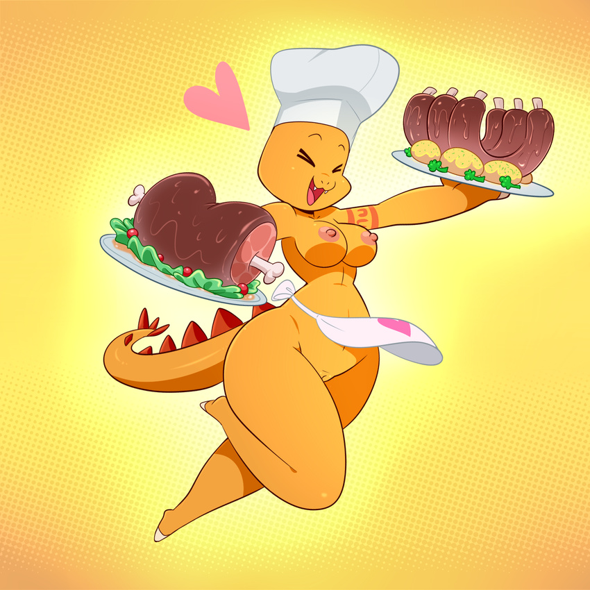&lt;3 2018 anthro apron areola breasts chef_hat clothing cooking_with_tracy cute dinosaur eyes_closed fangs female food hat lonbluewolf nipples open_mouth pussy scalie short_stack solo teeth tongue tracey
