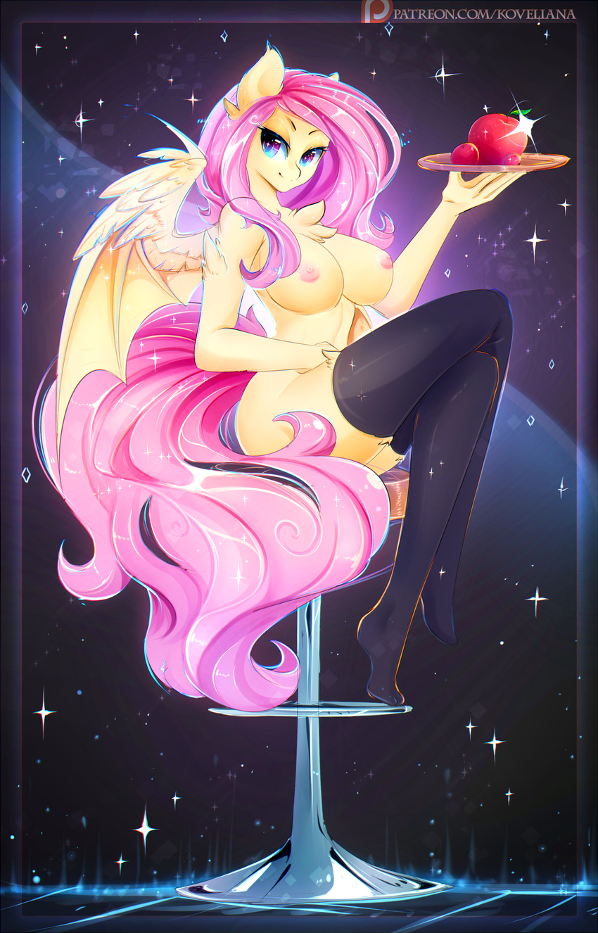 2018 absurd_res anthro anthrofied apple areola bat_pony bat_wings big_breasts breasts chest_tuft clothing crossed_legs equine feathered_wings feathers female flutterbat_(mlp) fluttershy_(mlp) food friendship_is_magic fruit hair hi_res koveliana legwear lingerie long_hair looking_at_viewer mammal membranous_wings my_little_pony nipples patreon pegasus pink_hair sitting smile solo thigh_highs tuft wings