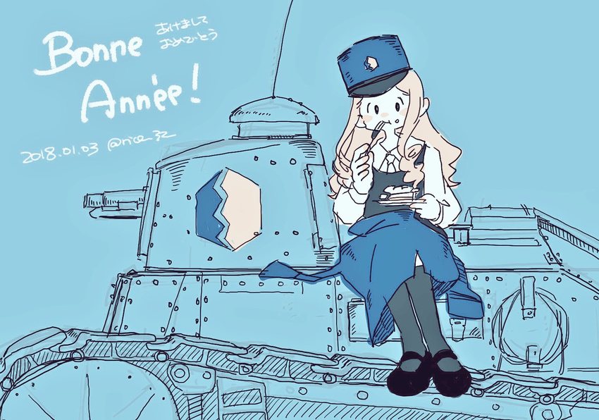 2018 :t bc_freedom_(emblem) bc_freedom_military_uniform blonde_hair blue_background dated eating emblem food food_on_face fork_in_mouth french ft-17 girls_und_panzer girls_und_panzer_saishuushou ground_vehicle hat kneehighs long_hair marie_(girls_und_panzer) military military_vehicle motor_vehicle necktie on_vehicle partially_translated shima_(rice_32) sketch solo tank translation_request twitter_username