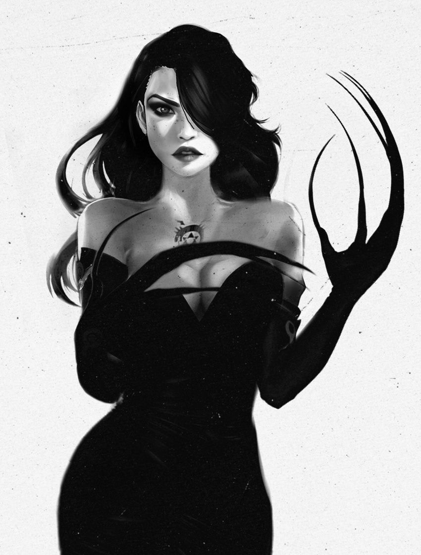 black_dress black_hair breasts chest_tattoo cleavage commentary cowboy_shot dress elbow_gloves eyebrows fingernails fullmetal_alchemist gloves greyscale hair_over_one_eye highres large_breasts lips long_fingernails long_hair lust makeup miawrly monochrome ouroboros simple_background solo tattoo white_background