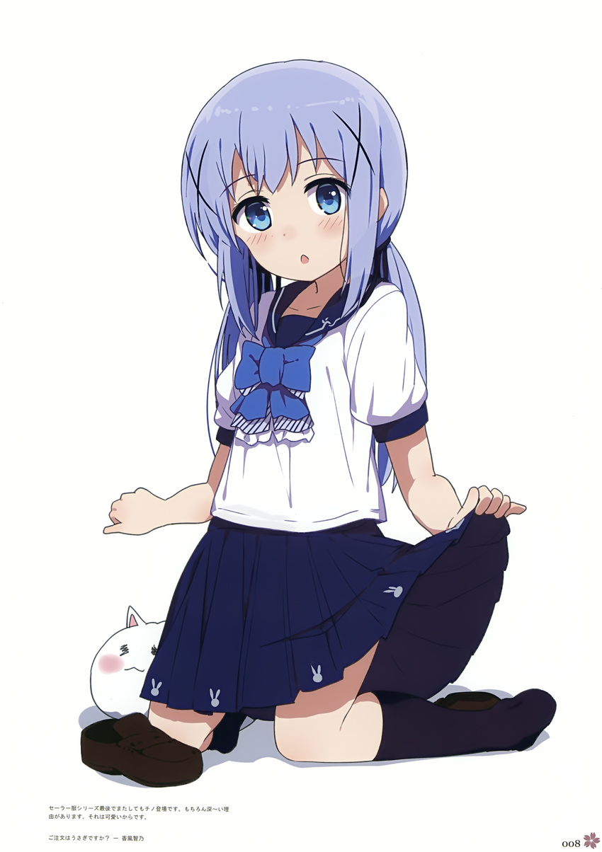 absurdres black_legwear blue_bow blue_eyes blue_hair blue_neckwear blue_skirt blush bow bowtie brown_footwear collarbone eyebrows_visible_through_hair full_body gochuumon_wa_usagi_desu_ka? hair_ribbon highres kafuu_chino kneeling long_hair looking_at_viewer miniskirt ogipote open_mouth page_number pleated_skirt ribbon school_uniform shirt shoes_removed short_sleeves simple_background skirt skirt_hold solo tippy_(gochiusa) twintails white_background white_shirt