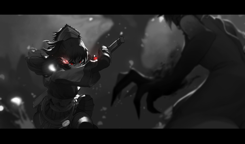 bangs battle blurry breasts charging cinder_fall claw_(weapon) commentary covered_mouth depth_of_field dishwasher1910 furrowed_eyebrows glowing glowing_eyes hat holding holding_sword holding_weapon katana letterboxed light_trail long_sleeves looking_at_another medium_breasts multiple_girls petals raven_branwen red_eyes running rwby sheath solo_focus spoilers spot_color sword tears unsheathing weapon