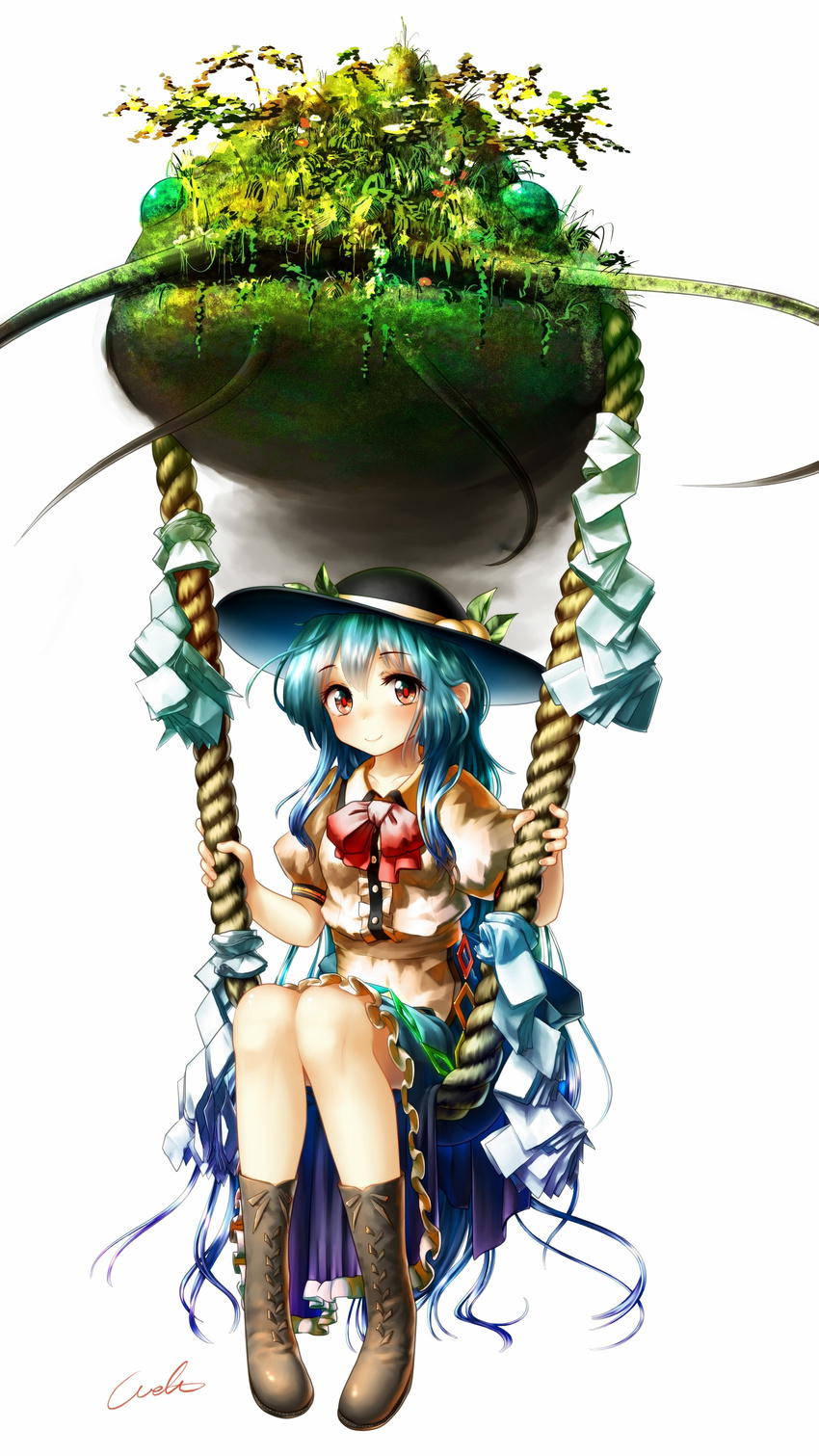 absurdres artist_name black_hat blue_hair blue_skirt boots catfish commentary_request fish flower food fruit grass hat hat_ribbon highres hinanawi_tenshi leaf long_hair looking_at_viewer peach plant puffy_short_sleeves puffy_sleeves rainbow_order red_eyes red_flower ribbon rope shide shirt short_sleeves sitting skirt smile touhou very_long_hair welt_(kinsei_koutenkyoku) whiskers white_background white_flower white_ribbon white_shirt