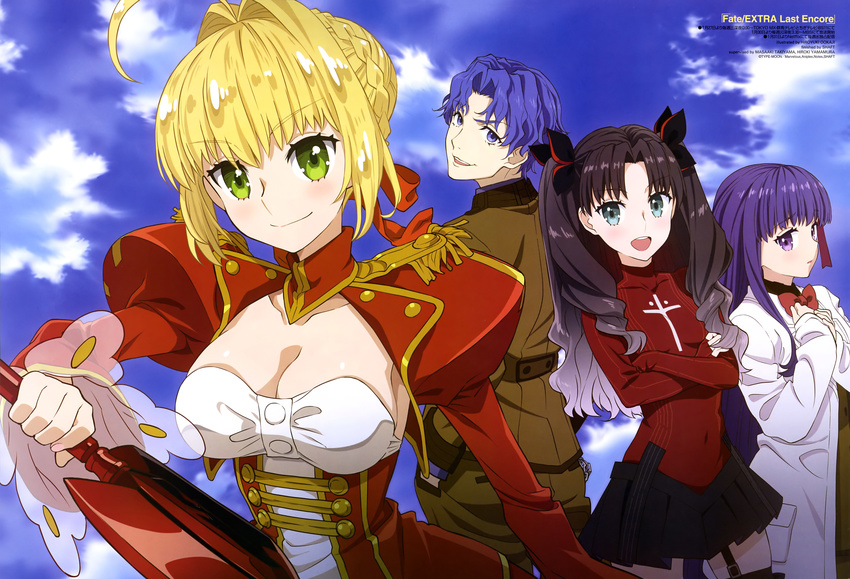 aqua_eyes armor blonde_hair blue_eyes blue_hair bow braids breasts brown_hair cleavage clouds dress fate/extra fate_(series) garter_belt green_eyes group long_hair male matou_sakura matou_shinji ookaji_hiroyuki purple_eyes purple_hair ribbons saber saber_extra scan short_hair skirt sky stockings sword thighhighs tohsaka_rin watermark weapon