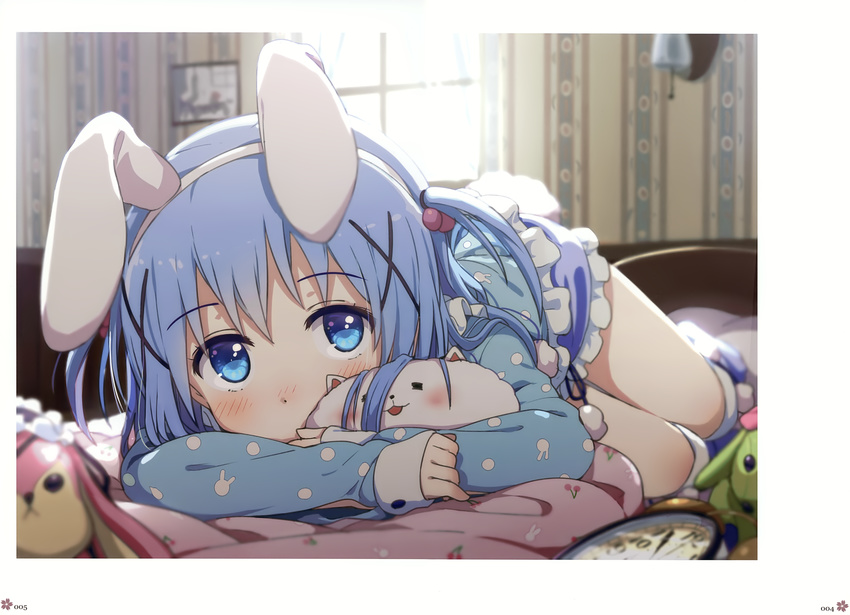 absurdres animal_ears backlighting blue_eyes blue_hair blue_shirt blush bunny_ears day eyebrows_visible_through_hair fake_animal_ears gochuumon_wa_usagi_desu_ka? hair_between_eyes hair_bobbles hair_ornament hairband highres huge_filesize indoors kafuu_chino kneehighs long_hair long_sleeves looking_at_viewer lying ogipote on_bed on_side shirt solo tippy_(gochiusa) two_side_up white_hairband window