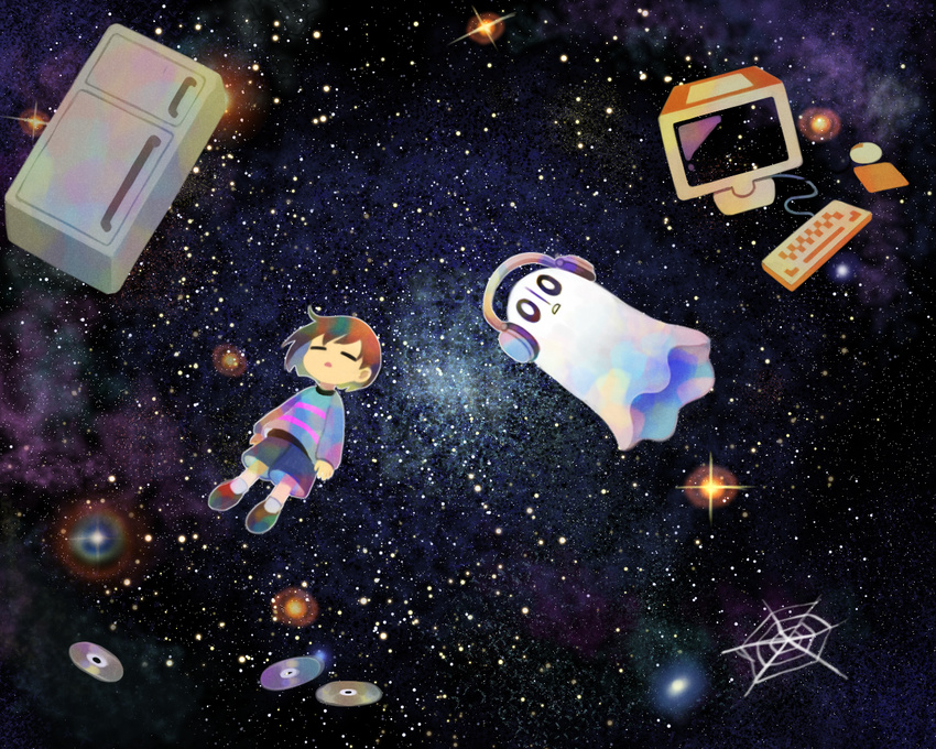 blue_shirt blue_shorts brown_hair cd closed_eyes ctr facing_viewer frisk_(undertale) ghost headphones keyboard_(computer) long_sleeves monitor napstablook nebula parted_lips refrigerator sasa_kichi shirt shoes shorts silk solid_oval_eyes space spider_web star_(sky) undertale