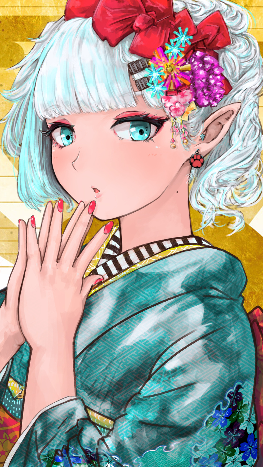 :o aqua_eyes aqua_hair bangs blunt_bangs earrings eyebrows_visible_through_hair eyelashes eyeliner face fingers_to_mouth flower hair_flower hair_ornament hair_ribbon hairclip hands_together highres japanese_clothes jewelry kanrobi kimono looking_at_viewer makeup mole mole_on_neck nail_polish obi original paw_print pointy_ears red_nails ribbon sash sideways_glance solo two-tone_background upper_body