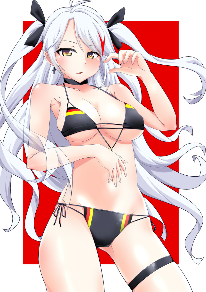 antenna_hair azur_lane bangs bikini black_bikini black_choker breasts choker cowboy_shot flag_print german_flag german_flag_bikini highres iron_cross kochouka looking_at_viewer medium_breasts mole mole_on_breast multicolored_hair navel orange_eyes prinz_eugen_(azur_lane) side-tie_bikini silver_hair solo streaked_hair swept_bangs swimsuit two_side_up