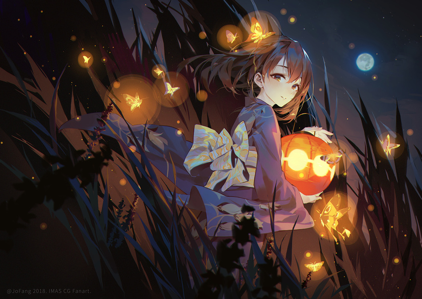 2018 artist_name bangs blue_kimono blush brown_eyes brown_hair bug butterfly closed_mouth commentary_request copyright_name fujiwara_hajime full_moon hair_between_eyes highres idolmaster idolmaster_cinderella_girls insect japanese_clothes jofang kimono lantern light_smile long_hair long_sleeves looking_at_viewer looking_to_the_side moon night night_sky obi outdoors paper_lantern sash sky solo standing wide_sleeves