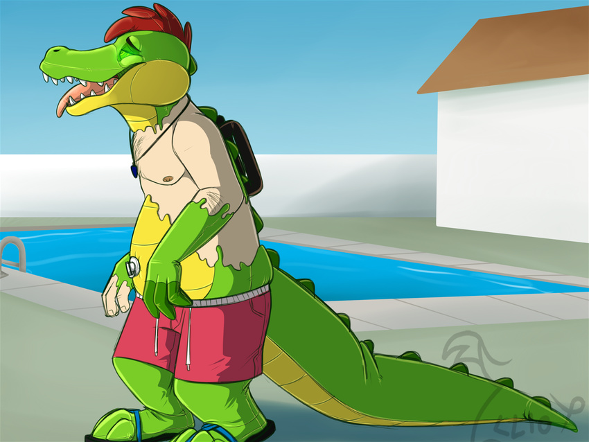 2015 alligator anthro belly binturongboy body_hair clothed clothing crocodilian digital_drawing_(artwork) digital_media_(artwork) footwear green_eyes hair human hypnosis inflatable jewelry male mammal mind_control necklace nipples nozzle open_mouth outside pool_toy red_hair reptile rubber sandals scalie shorts slightly_overweight smile solo spiral spiral_eyes swim_shorts swimming_pool swimsuit teeth tongue tongue_out topless transformation