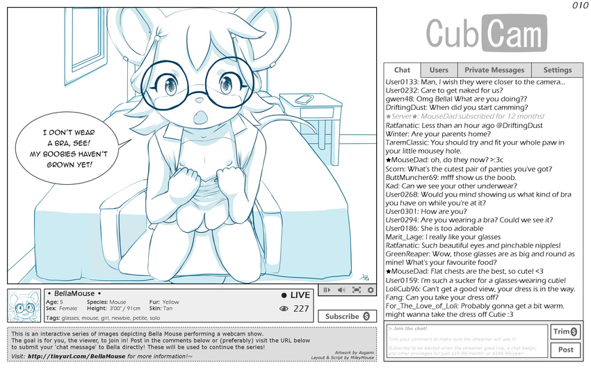 2018 absurd_res anthro aogami bed bedroom bella_mouse_(mileymouse) buckteeth cam_show camgirl chair chat chat_box clothed clothing cub cubcam digital_media_(artwork) dress english_text eyewear female flashing flat_chested glasses hi_res kneeling livestream looking_at_viewer mammal mileymouse mouse nipples office_chair recording rodent shirt_pull solo teeth text webcam young