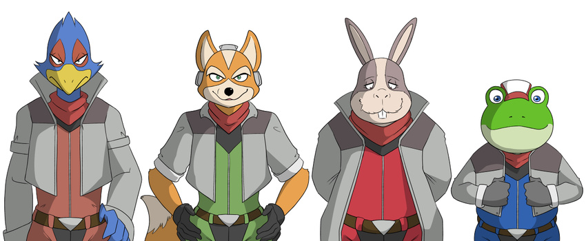 clothed clothing falco_lombardi fox_mccloud fully_clothed male nintendo peppy_hare portrait simple_background slippy_toad star_fox thegreatmatsutzu video_games white_background