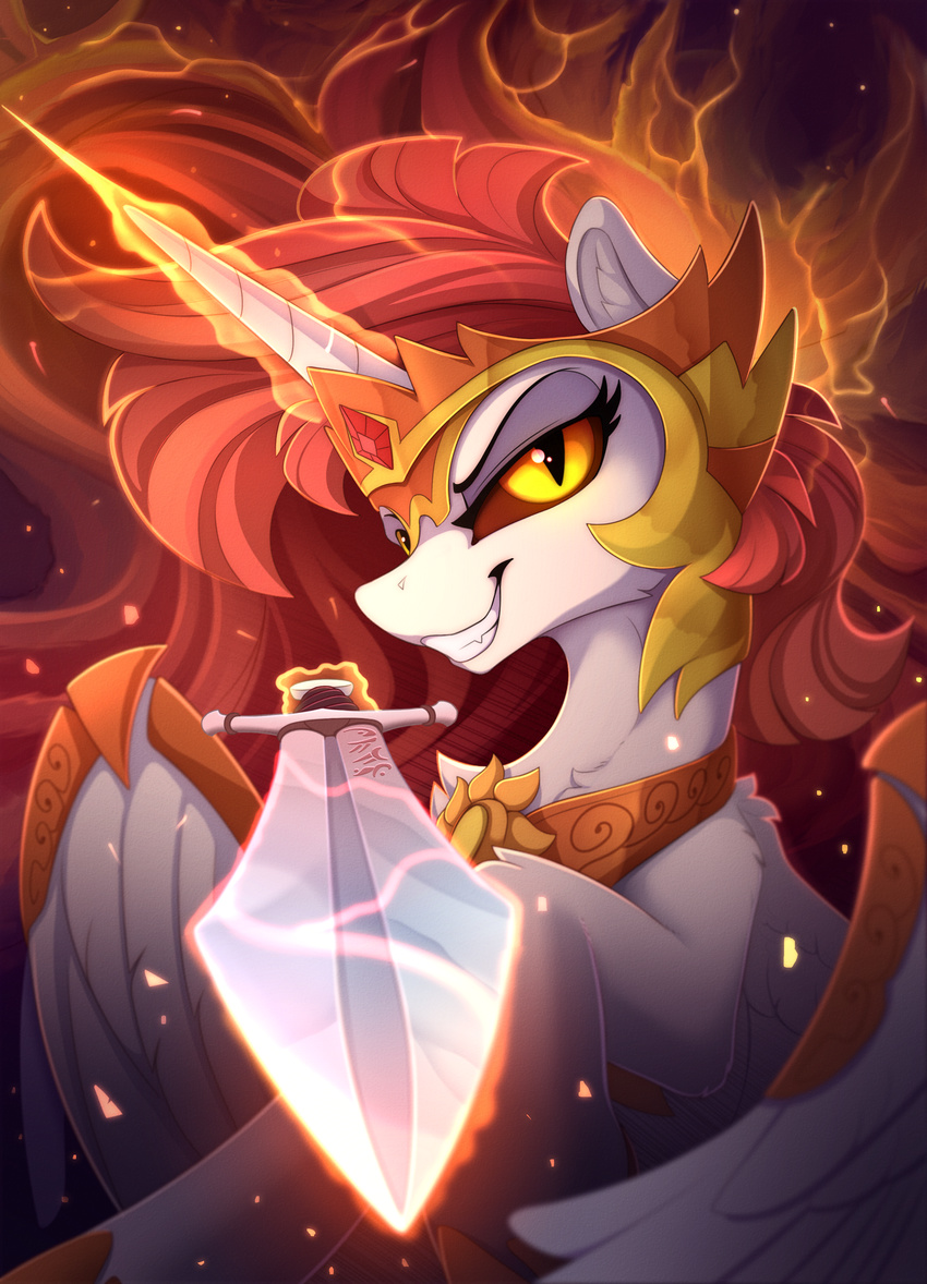 2018 absurd_res daybreaker_(mlp) equine feathered_wings feathers female feral friendship_is_magic grin hair hi_res horn mammal my_little_pony smile solo weapon winged_unicorn wings yakovlev-vad