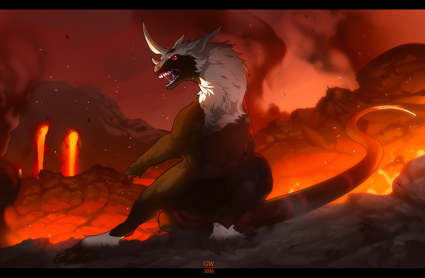 2016 ambiguous_gender black_bars black_fur detailed_background digital_drawing_(artwork) digital_media_(artwork) feral fur grypwolf kukuri lava open_mouth red_eyes teeth tongue white_fur