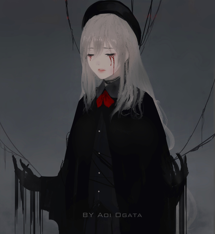 aoi_ogata artist_name bangs black_shirt blood bloody_tears closed_eyes collared_shirt commentary facing_viewer grey_background grey_hair hair_between_eyes highres long_hair neckwear_request original pink_lips red_neckwear shirt solo